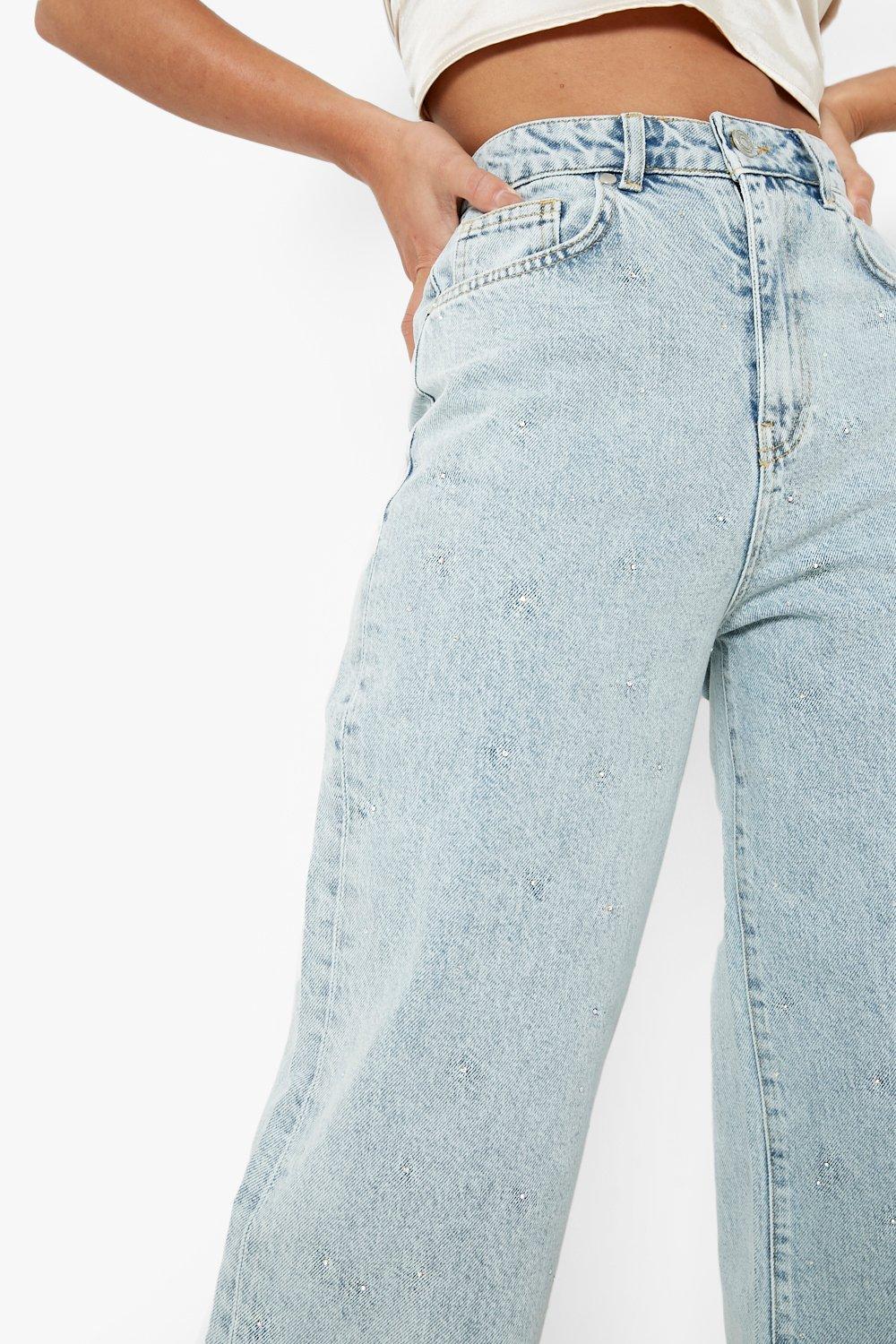 High Waisted All Over Rhinestone Wide Leg Jeans